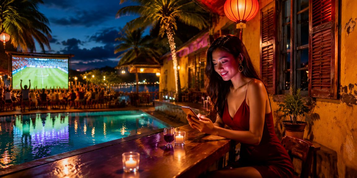 Giao diện casino di động neon tại Hội An về đêm